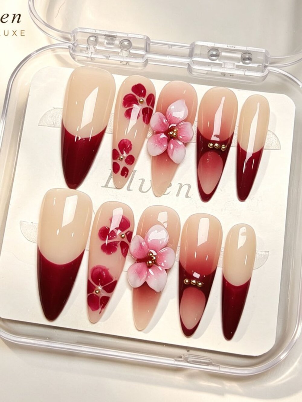 Elegant Floral Stiletto Handmade Press On Nails Art Set - Red and Pink